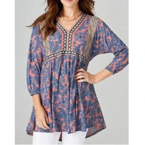 J Jill embroidered tunic mini dress boho tropical floral oversized medium